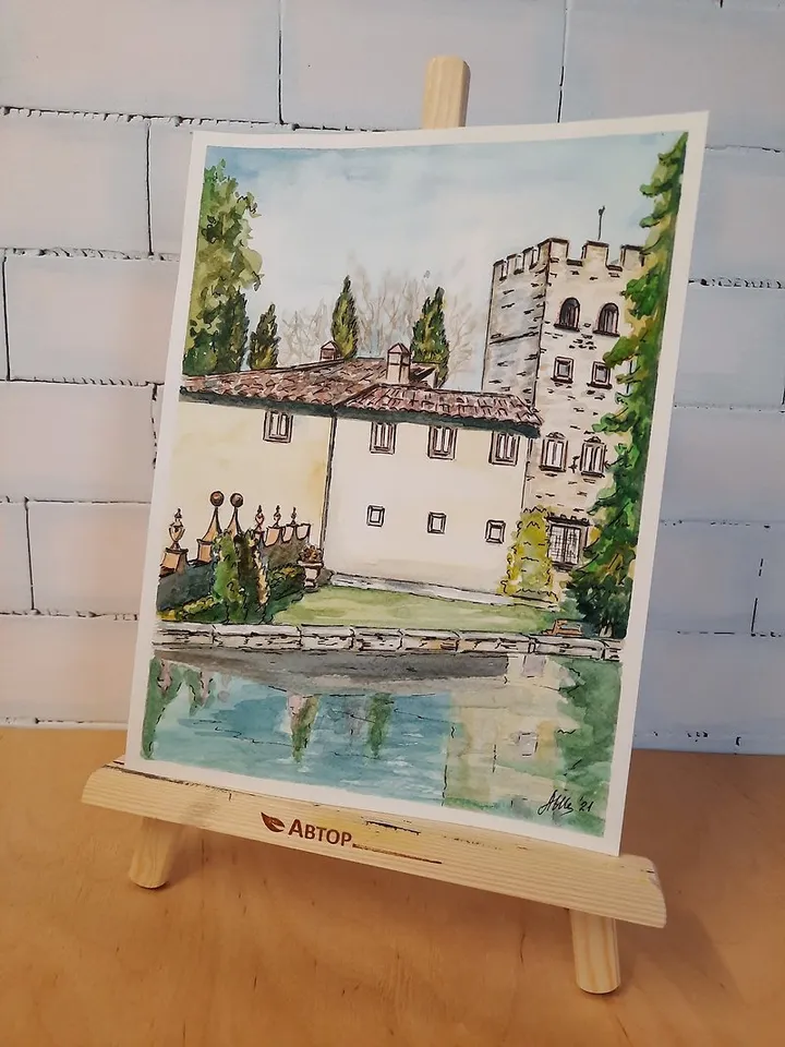 Original Watercolor painting Landscape Old castle Italy painting House painting