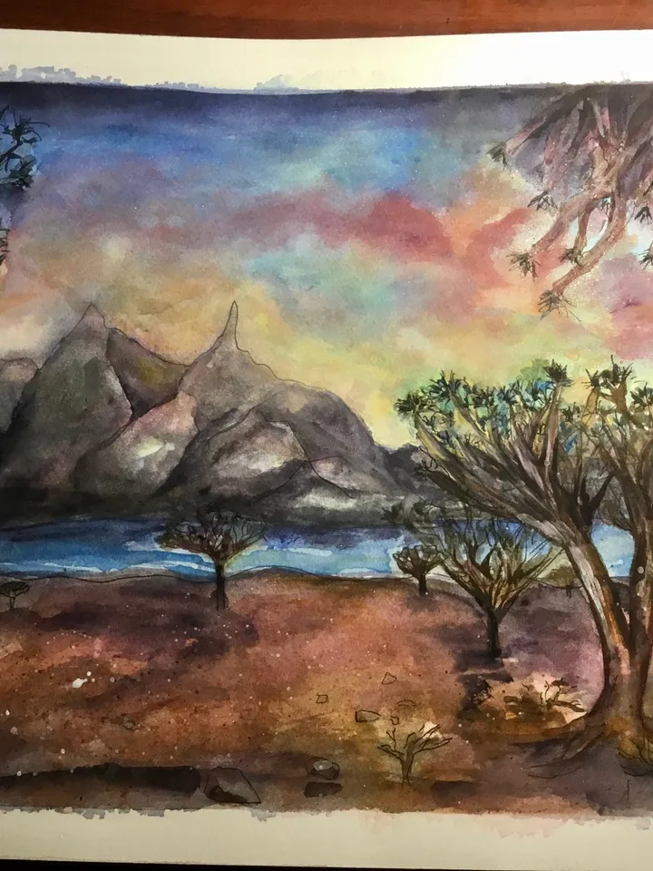 Dragon trees original watercolour african landscape painting.Landscape wall art.Original watercolour art. Sunset painting.Fantasy landscape.