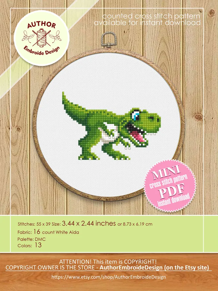 Dinosaur cross stitch pattern PDF download Set of 4 small t rex cross stitch chart, Cute dino pattern digital PDF, Jurassic animals #D15