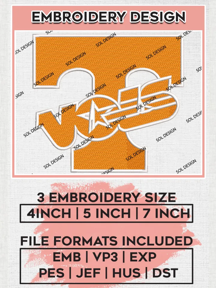 NCAA T Volunteers Team Word Logo Embroidery Design Files, NCAA Tennessee Volunteers Machine Embroidery, NCAA Teams, Game Day, 3 sizes, NCAA Machine embroidery designs, Digital Download
