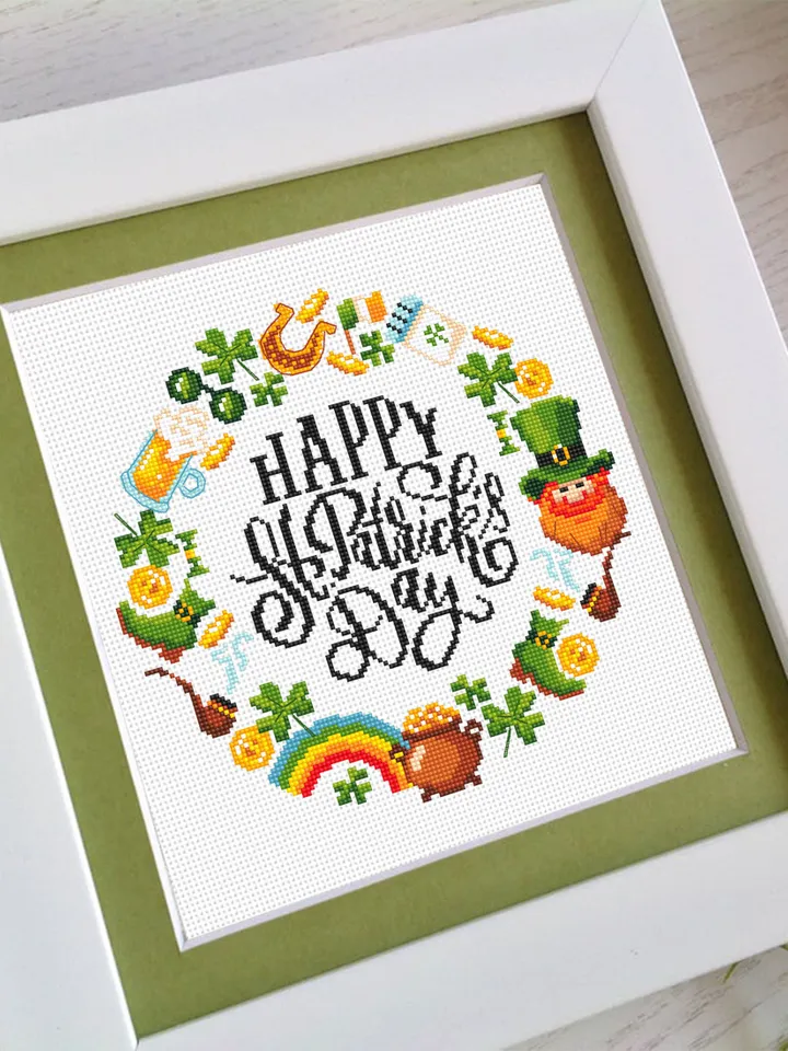 St Patricks wreath cross stitch pattern download PDF St Patrick day cross stitch, Irish pattern digital PDF, Saint Patrick home decor #T33