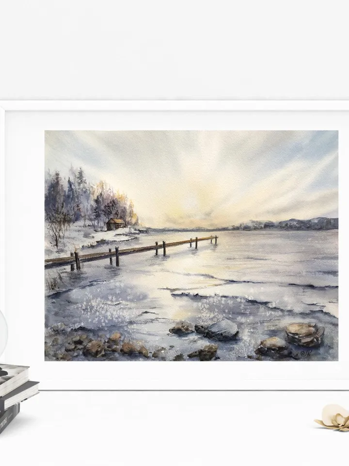 Landscape Original Watercolor Painting Sunset Art Lake Painting