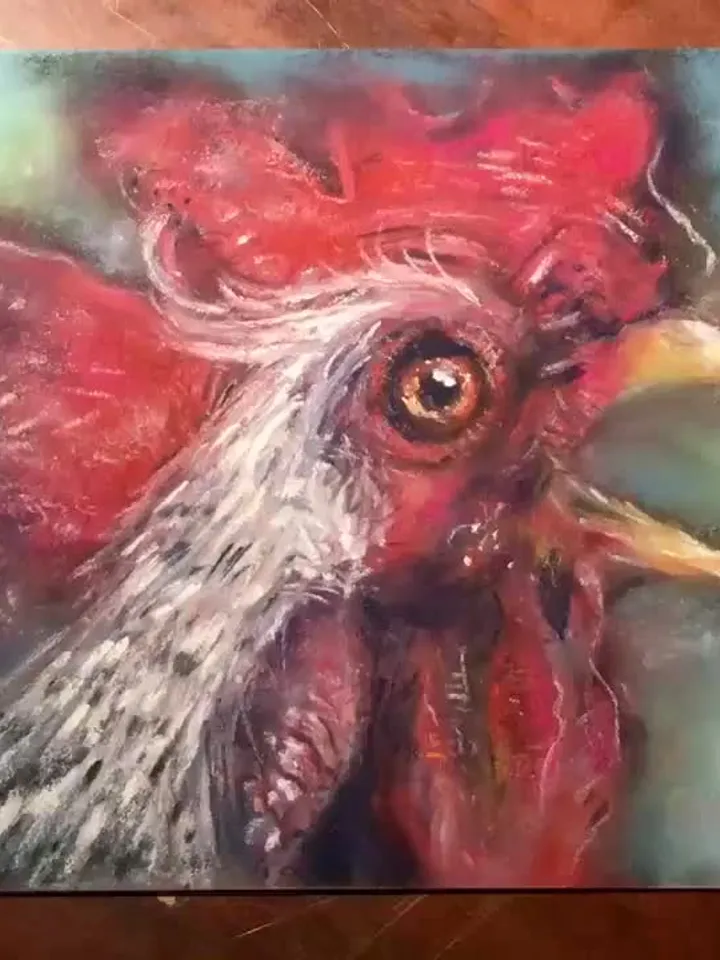 Red rooster original soft pastel painting on cardboard,funny animals pastel art,small painting gift,kitchen wall decoration.