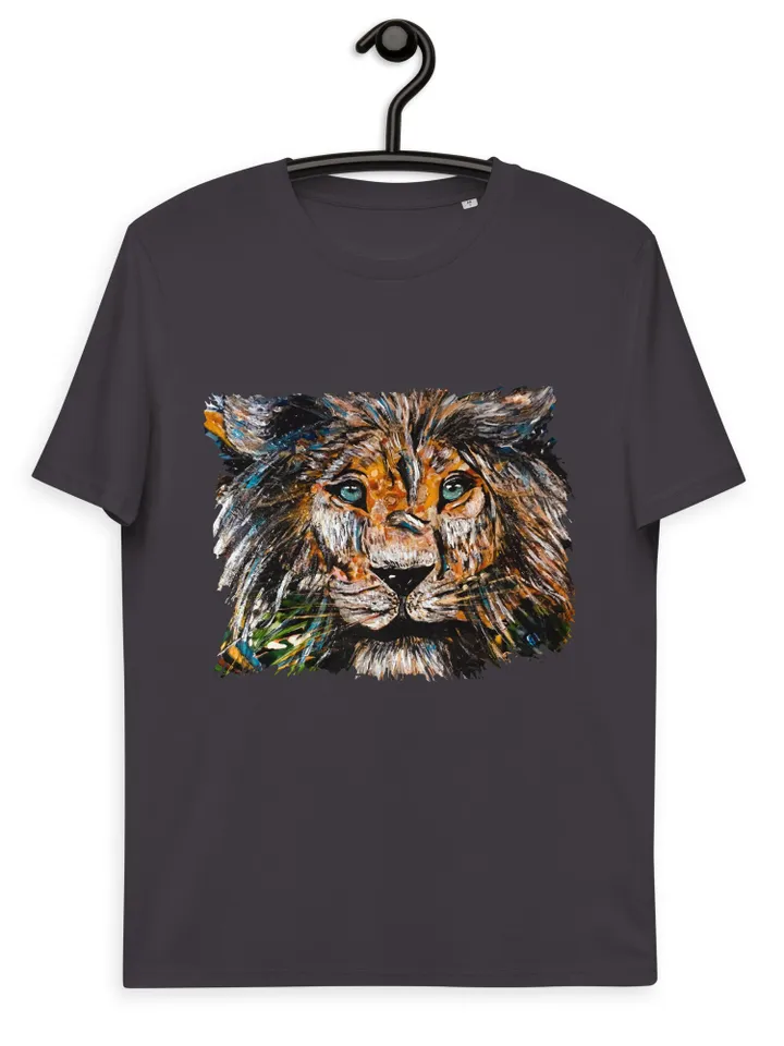 Unique design Lion Unisex organic cotton t-shirt made from my original mix media artwork on glass,wild animals t shirts, wearable art gifts