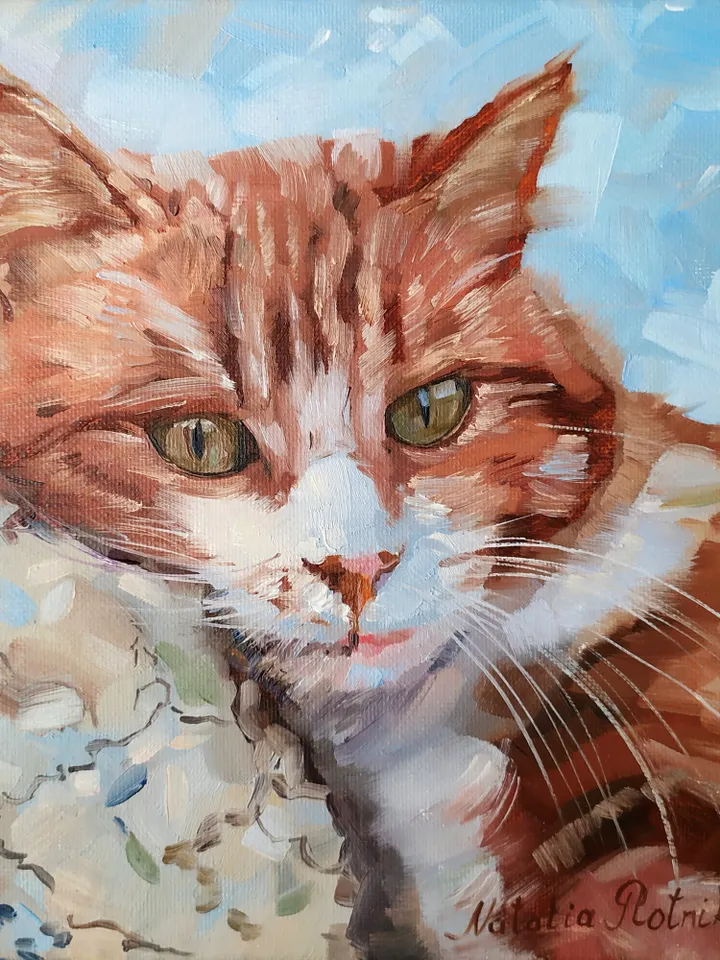 Cat painting Animal Original Art Brown Cat Artwork fine art square canvas art oil painting by Natalia Plotnikova