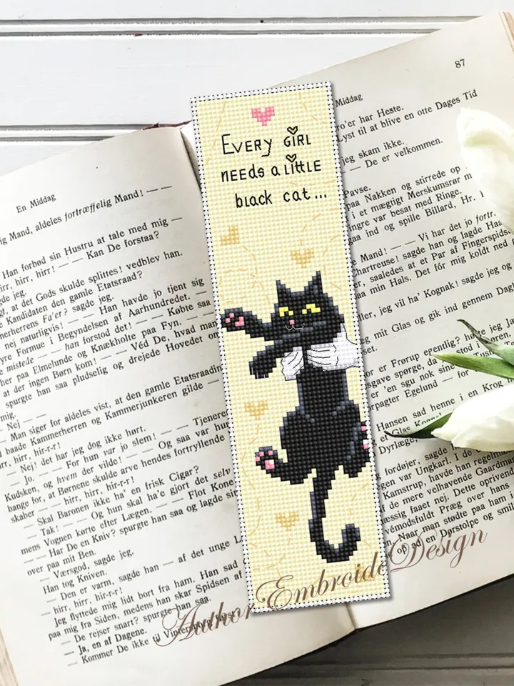 Cat bookmark cross stitch pattern download PDF Black cat cross stitch chart, Funny bookmark digital pattern PDF, Cat mom embroidery #B319