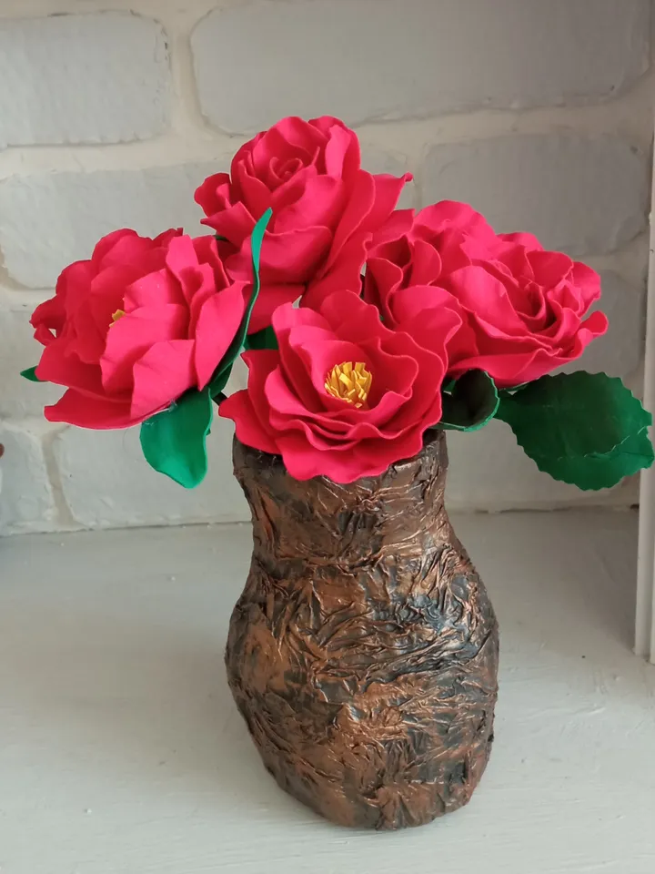 5 handmade red roses in a vase. Gifts for mom Gifts for her Home decor indoor Christmas presents