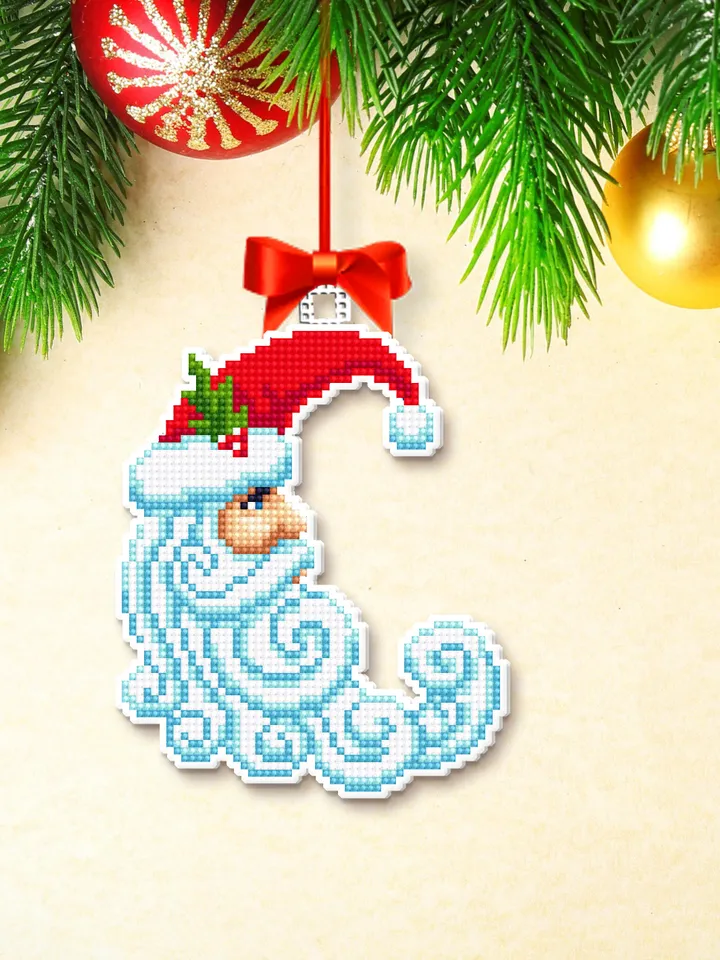 Christmas Crescent moon Santa cross stitch pattern PDF download Double-sided Christmas tree decor for plastic canvas, Moon ornament #N119