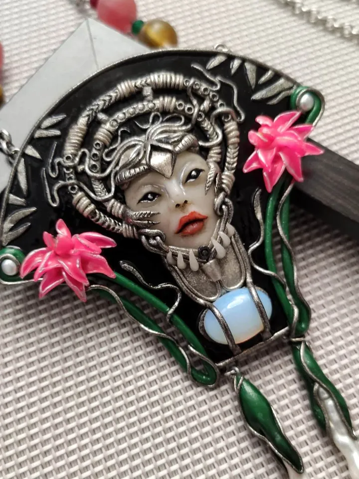 Japanese pendant,necklace with lotus,jewelry necklace, Polymer clay necklace