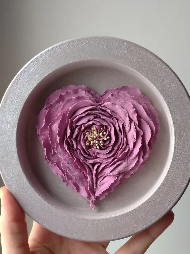 Mother's Day gift Small round painting of lilac rose in the shape of heart in frame Heart painting Floral painting for mother , grandmother