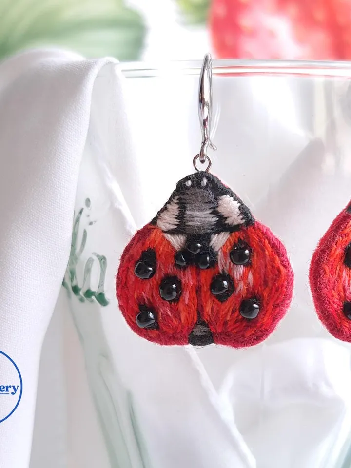 Ladybug Earrings Embroidery Handcrafted Funny Jewelry Artisan Earrings Quirky Accessory Party Boho Design Fiesta Folk Art Celebration Decor
