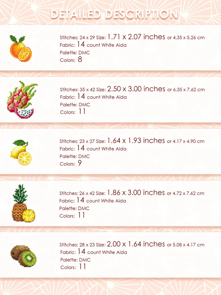 Mini fruit cross stitch pattern PDF download Set of 10 fruits cross stitch chart, Small fruit pattern digital PDF, Kitchen decor #F18