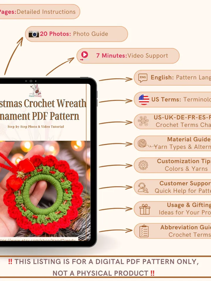 Christmas Crochet Wreath Ornament PDF Pattern – Easy DIY Holiday Decoration, Red & White Crochet Wreath with Pearls and Bow