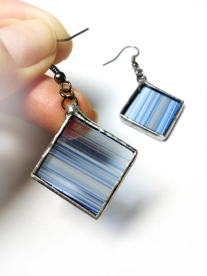 Simple stained glass, blue earrings, cute squar earrings, geomentic earrings