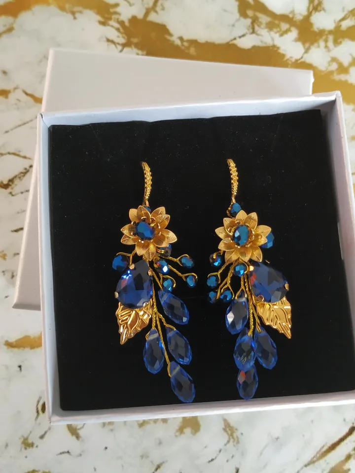 Gorgeous Blue Sapphire Gold Wedding Earrings Bracelet Jewelry Set , Floral Boho Bridal Earrings, Chandelier Statement Bohemian Earrings,