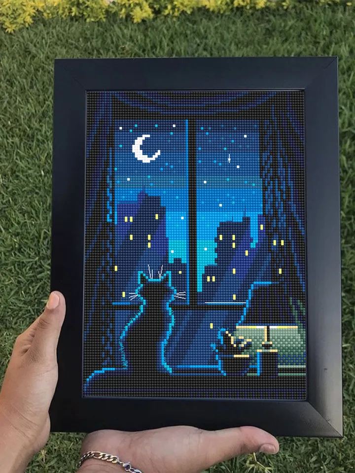 Silhouette cat cross stitch pattern PDF download Cute kitten cross stitch chart, Window with night cityscape pattern, Moon cross stitch #K14