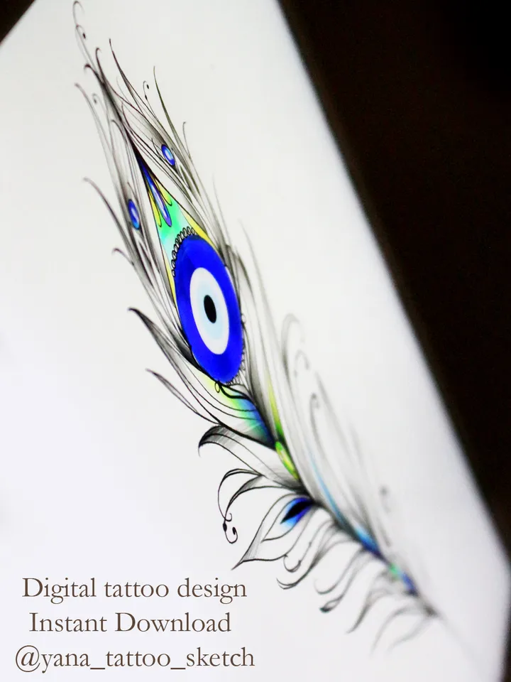 Evil Eye Tattoo Design Peacock Feather Evil Eye Tattoo Idea Flash Sketch, Instant download JPG, PDF