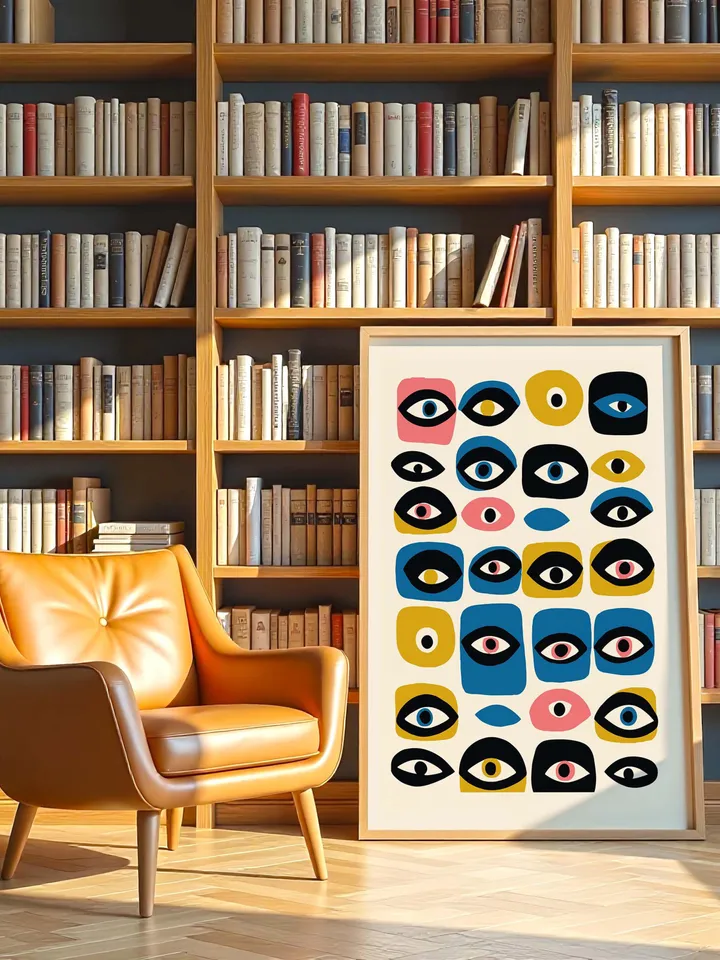 Colorful Eye Wall Poster, Whimsical Abstract Eye Art, Retro Grid Design, Mid Century Digital Print, Home Decor, Instant Download, crayz eyes