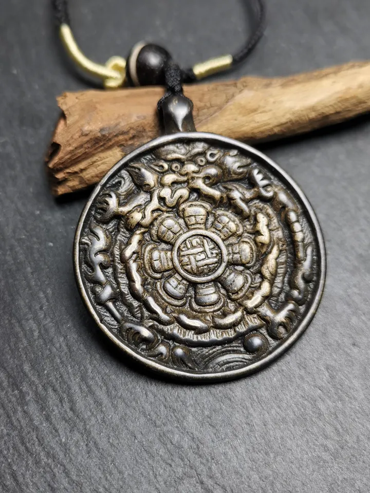 Gandhanra Vintage Tibetan Buddhist Calendar Amulet Black Sipaho Badge - Lima Brass Melong Mirror Protective Charm Feng Shui Pendant,43mm