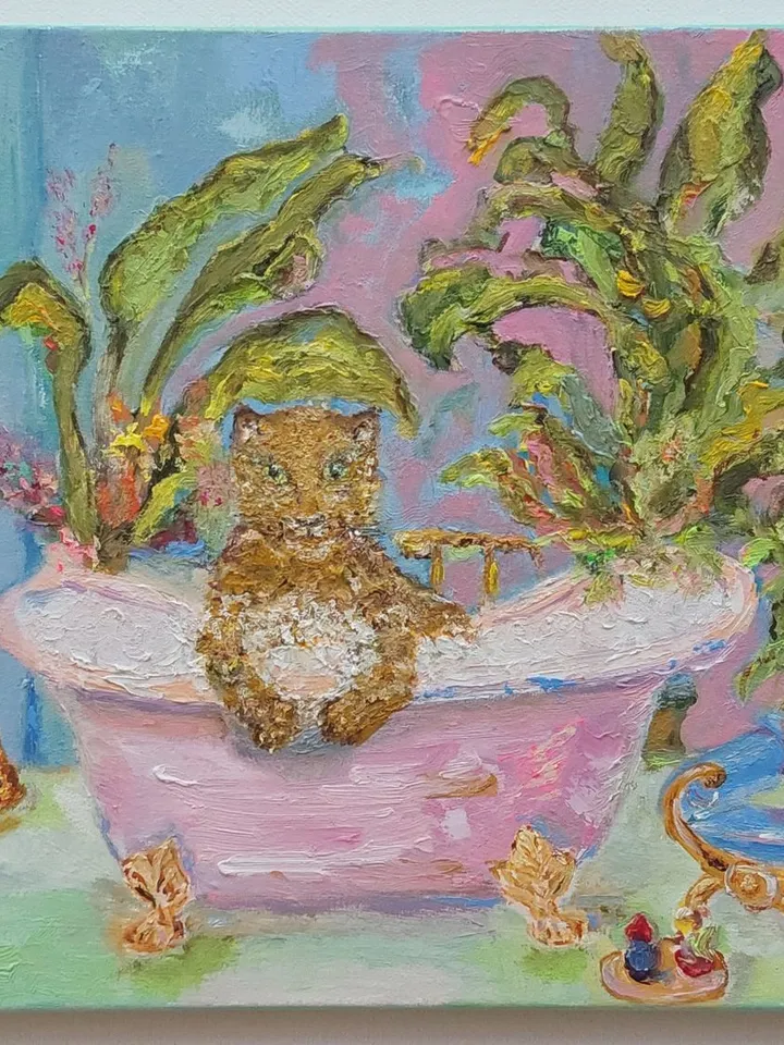 "Wild cat at SPA" oil painting on canvas 40x30cm (16x12inch)