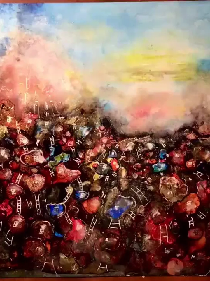 Red town fantasy unique artwork,original alcohol inks mix media painting on heavy yupo paper,fantasy wall art,home decoration.