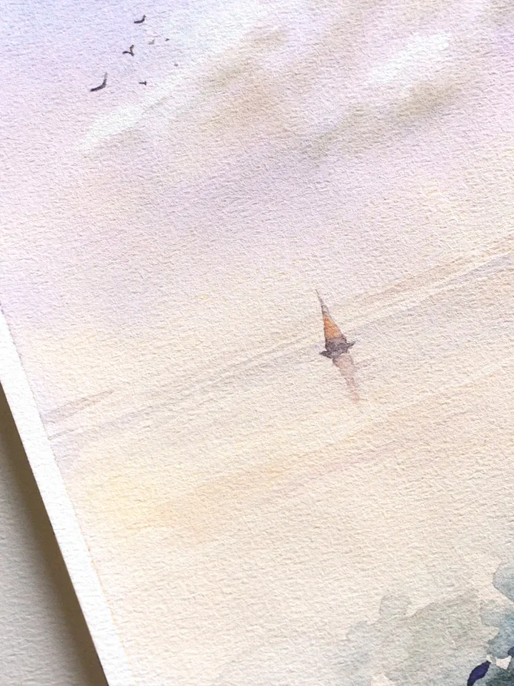 Fantasy seascape painting Original art Castle, roses and sea Watercolor by Yulia Evsyukova