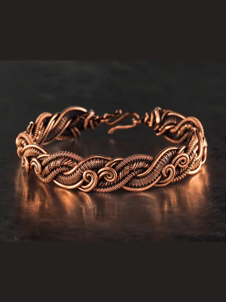 Copper bracelet for woman, Antique style, Handcrafted wire woven copper jewellery, One of kind braided statement bangle, Handmade oxidized pure copper jewelry, Pain relief, EMF protection