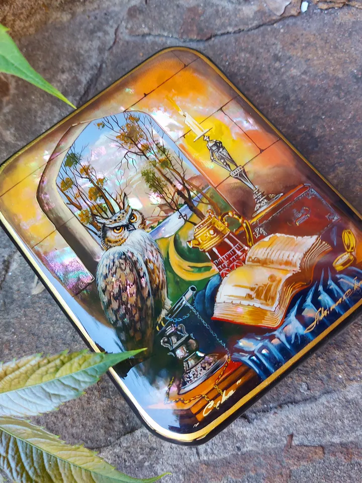 Beautiful Russian Lacquer Box "Learned Owl" Fedoskino Jewelry Box Hand Painted Miniature Painting Papier-mache Pearl Owl Box