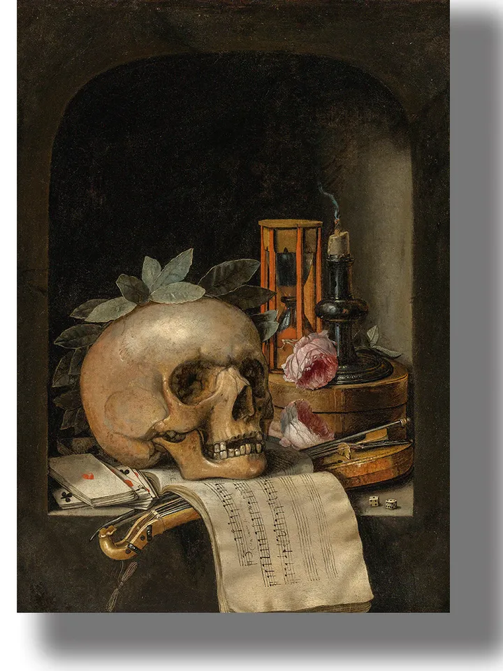 Gloomy Still Life. Skull, hourglass, extinguished candle and other symbols of futility.