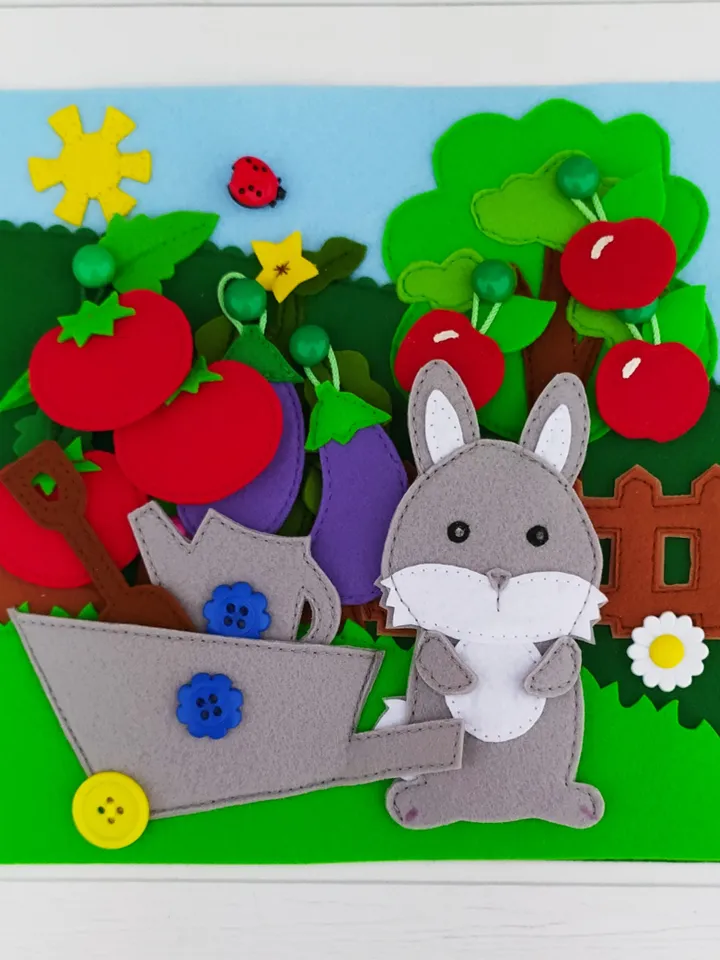 Garden Quiet book pattern, Felt book pattern, Felt vegetable pattern for kids, Soft montessori book sewing ideas for toddler