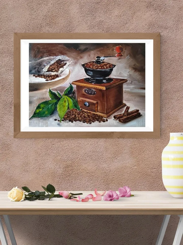 Manual Coffee Mill & Coffee Beans Artwork Original Oil Painting 10.63x15.35 in by ArtCafe