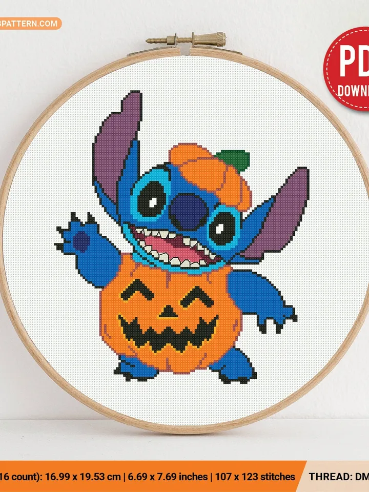 Lilo and Stitch,Pumpkin cross stitch pattern Halloween  Hawaii nursery decor beginner counted modern chart gift DIY embroidery instant PDF
