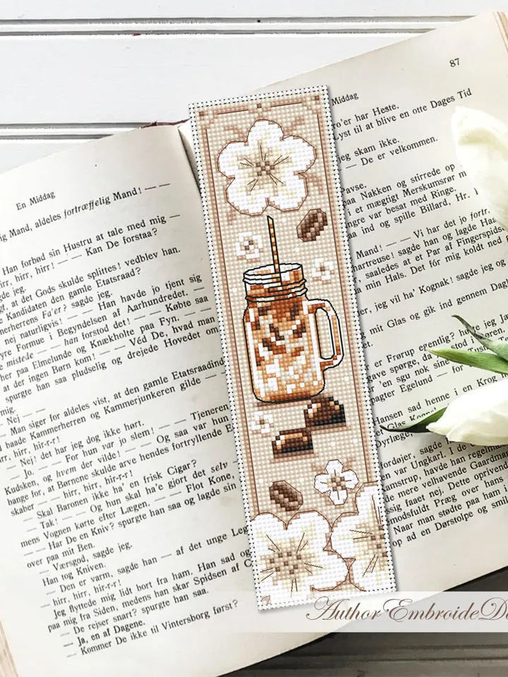 Coffee bookmark cross stitch pattern PDF download Coffee cross stitch chart, Bookmark pattern digital PDF, Iced coffee jar #B380