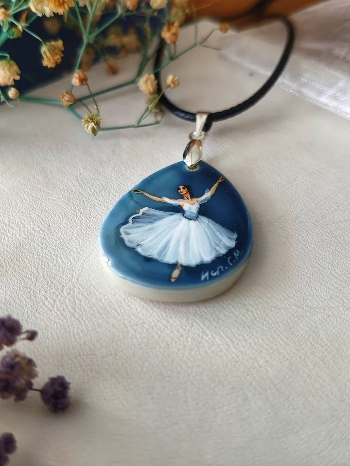 Pearl pendant necklace: Thumbelina tiniest ballerina dancer • Painted lacquer art shell • Original extra small painting on dainty pendant