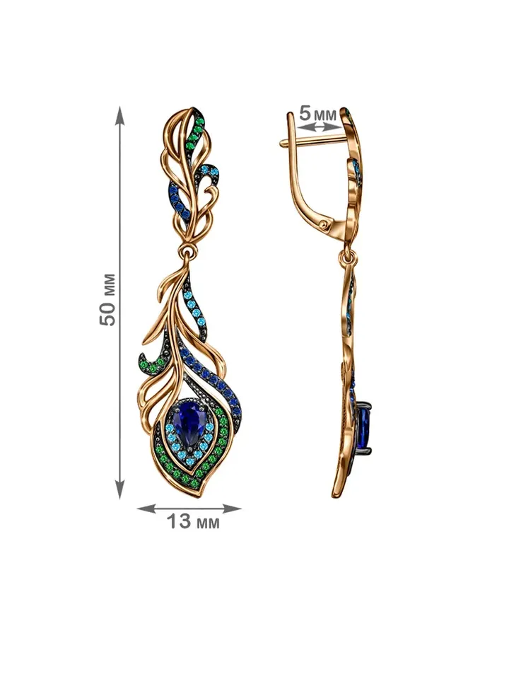 Women's earrings, 925 gold plated silver, Peacock feathers with blue and green cubic zirconia, bird of happiness