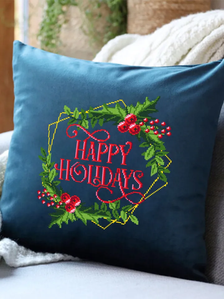 Christmas holly berry wreath cross stitch pattern PDF Happy holidays cross stitch framed, Instant download PDF, Christmas home decor #N31