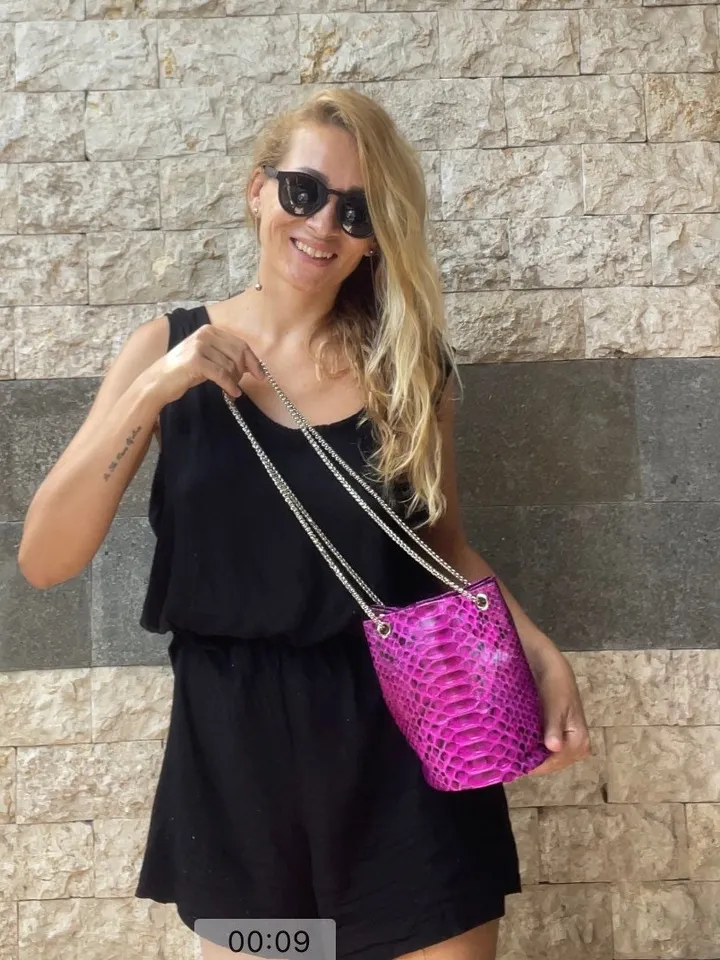 Genuine python skin bucket fuchsia chain bag / designer women purse / summer soft bag / exotic leather bags free shipping / gift for her