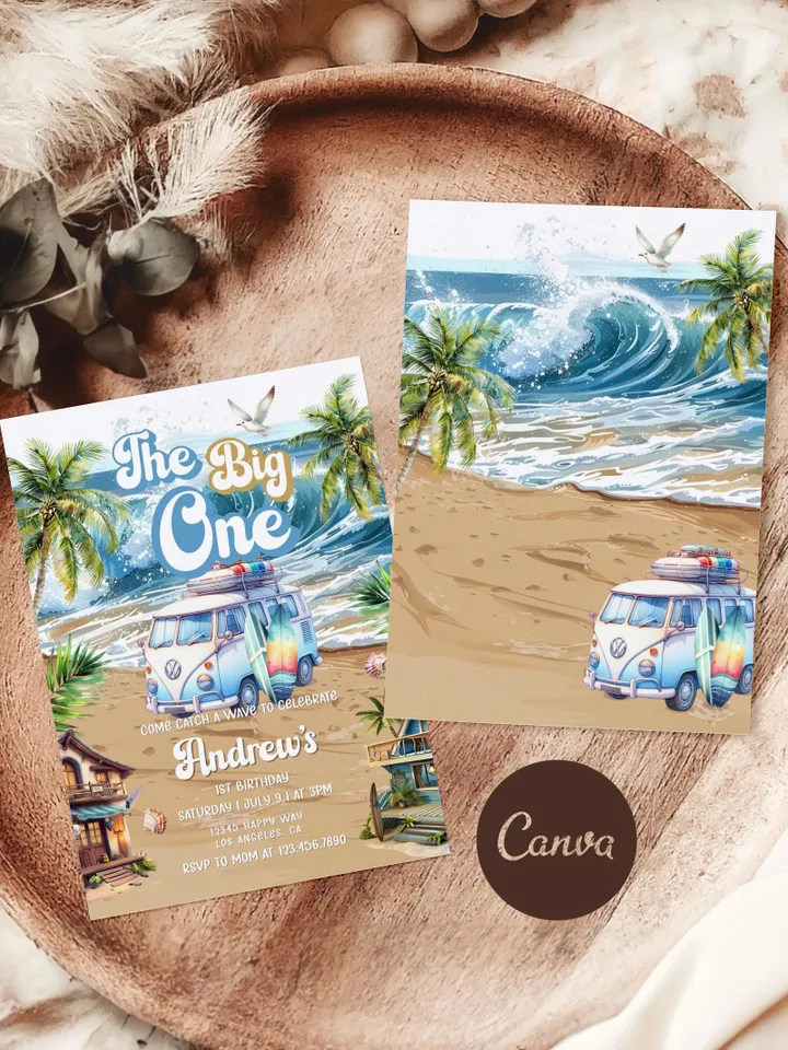 The Big One Surfing Invitation, Retro Boy Surf Surfboard, Editable Beach Pool Party Invite, Summer 1st Birthday, Printable Canva Template
