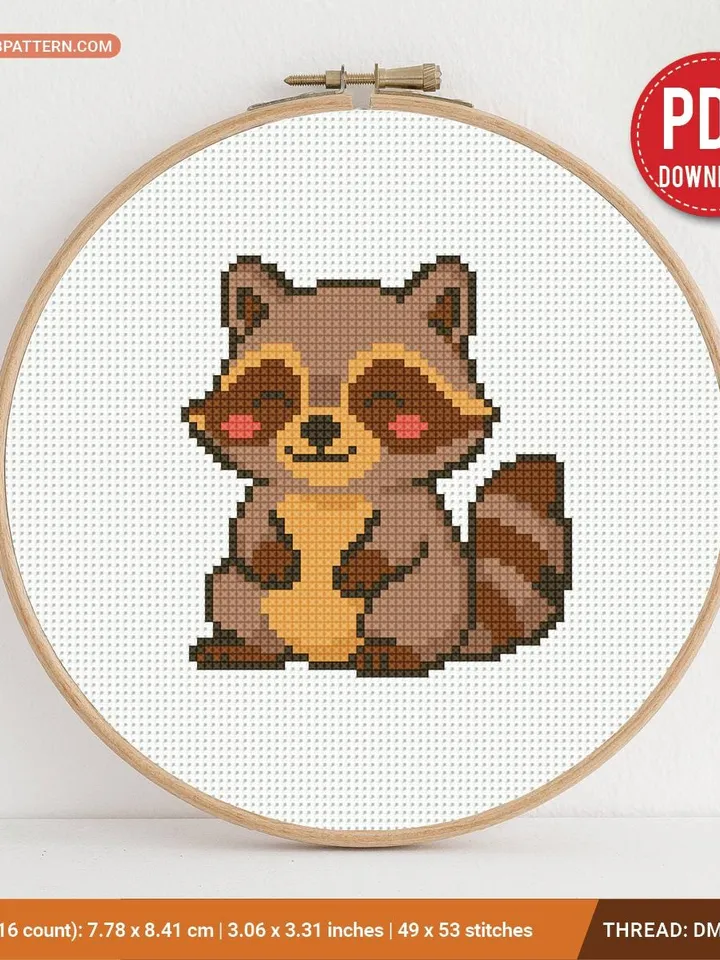 Mini cute raccoon baby Cross stitch pattern, contemporary animal, beginner counted, modern chart, gift DIY, embroidery, instant, digital PDF