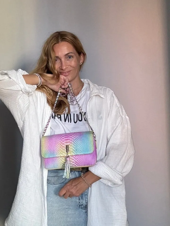 Genuine python skin midi crossbody bag unicorn rainbow color, summer bright crossbody, elegant classy crossbody purse genuine leather