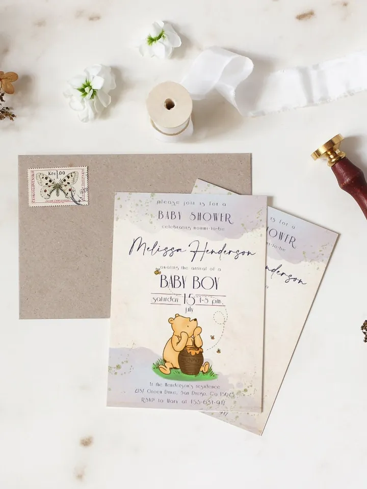 Classic Winnie Pooh Baby Shower Invitation; Boy Baby Shower Template; Blue Baby Shower Invite; Honey Bear Invite Winnie Invitation Template
