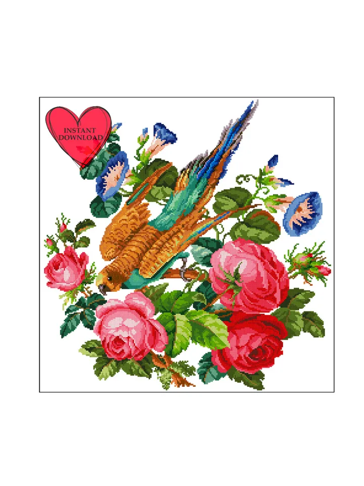 Vintage bird in flowers cross stitch pattern retro sampler primitive parrot cross stitch embroidery pdf