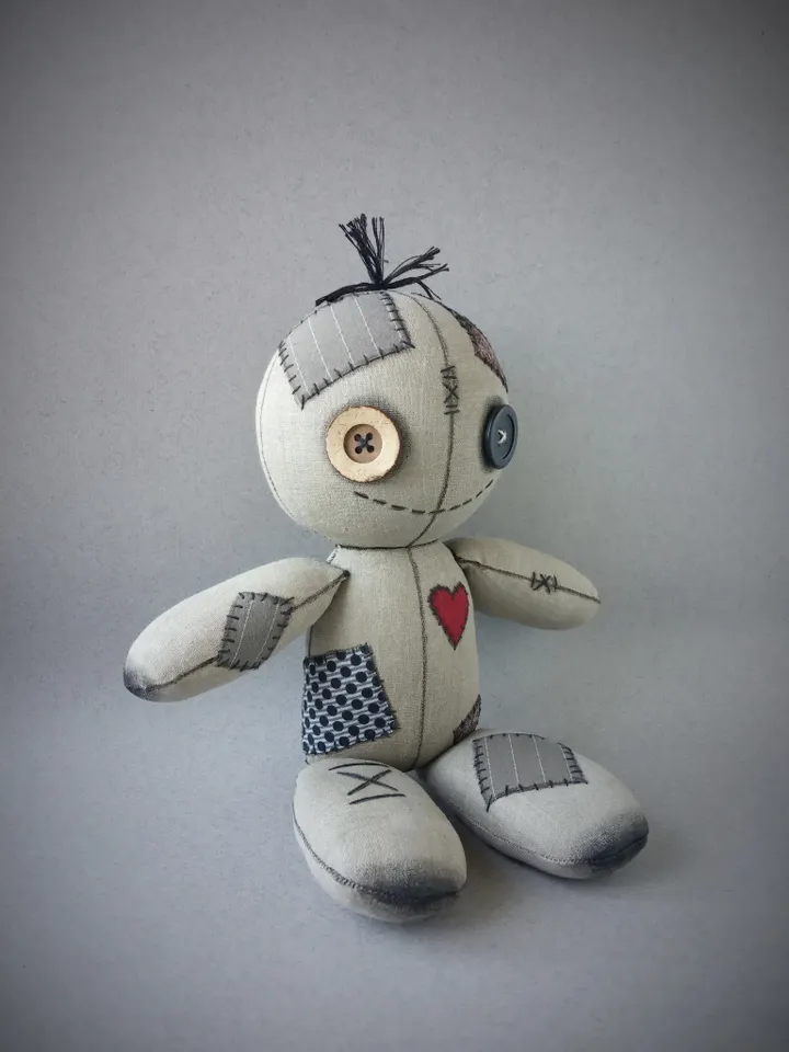 Handmade Doll With Button Eyes - Gray