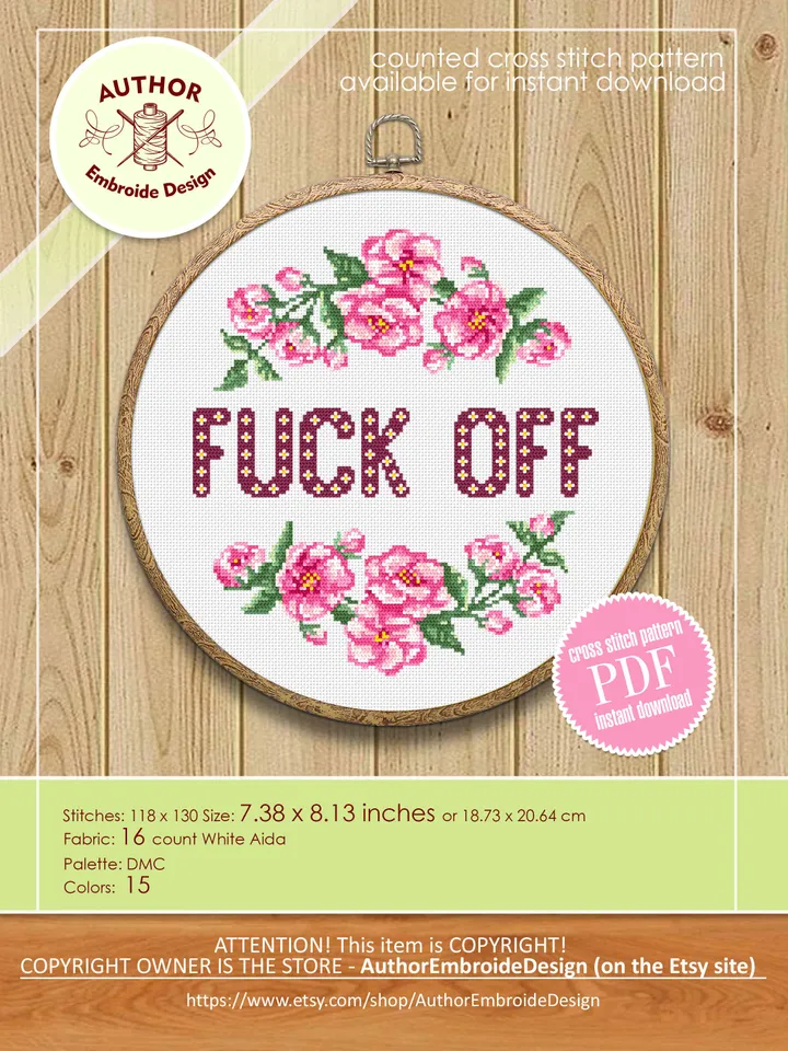 Framed quote cross stitch pattern Fuck Off download PDF Flower wreath cross stitch chart, Funny cross stitch Home decor, Flower sakura #Q34