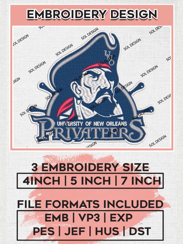 New Orleans Privateers College Football Team Logo Embroidery Design Files, NCAA New Orleans Privateers Machine Embroidery, NCAA Teams, 3 sizes, NCAA Machine embroidery designs, Digital Download