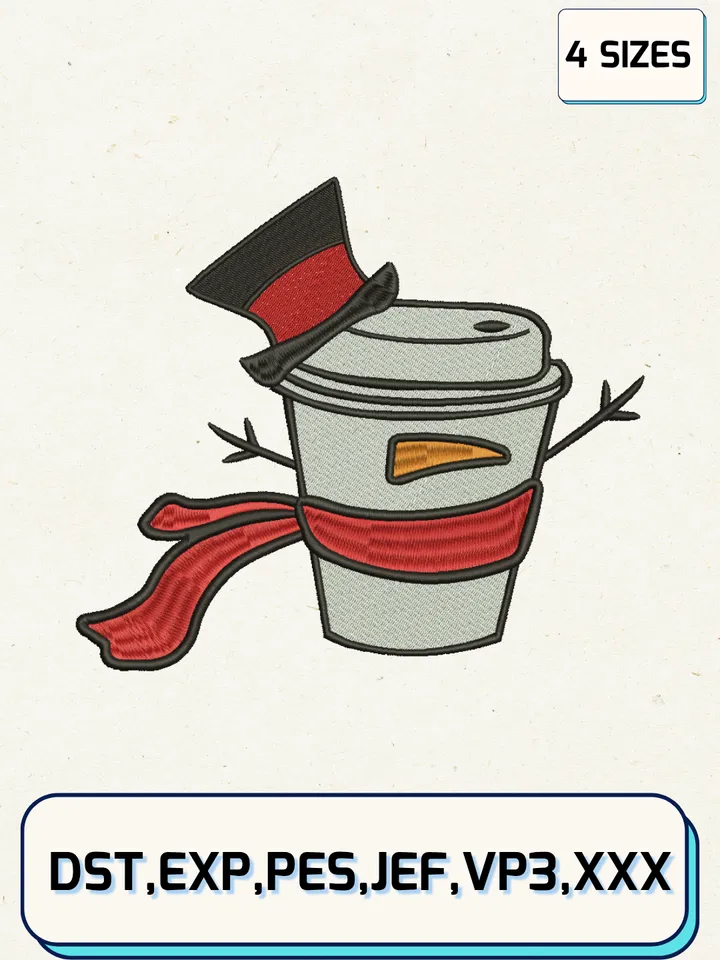 Christmas Cup - Snowman Embroidery Designs,Christmas Embroidery Designs,Machine Embroidery Files,4 Sizes