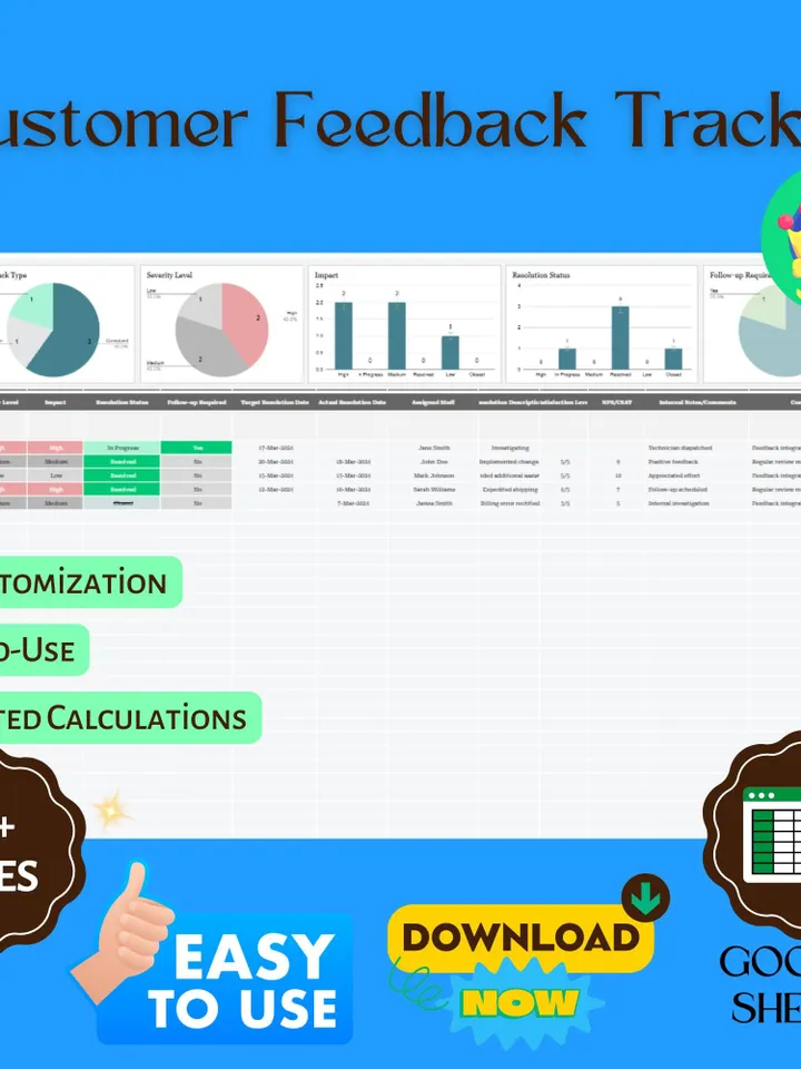 Customer Feedback Tracker Template, Editable Google Sheets, Feedback Management Tool for Business Insights