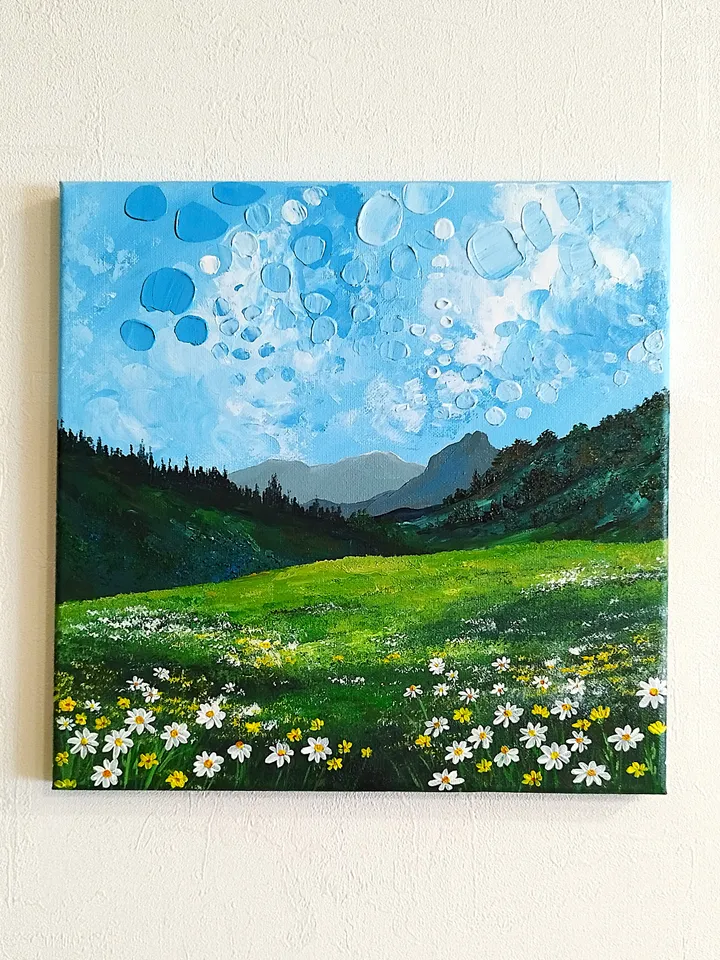 Mountain landscape painting Daisies impasto art