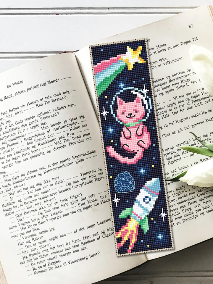 Cat in space bookmark cross stitch pattern PDF download Cute galaxy cat cross stitch chart, Handmade bookmark digital, Cat lover gift #B198