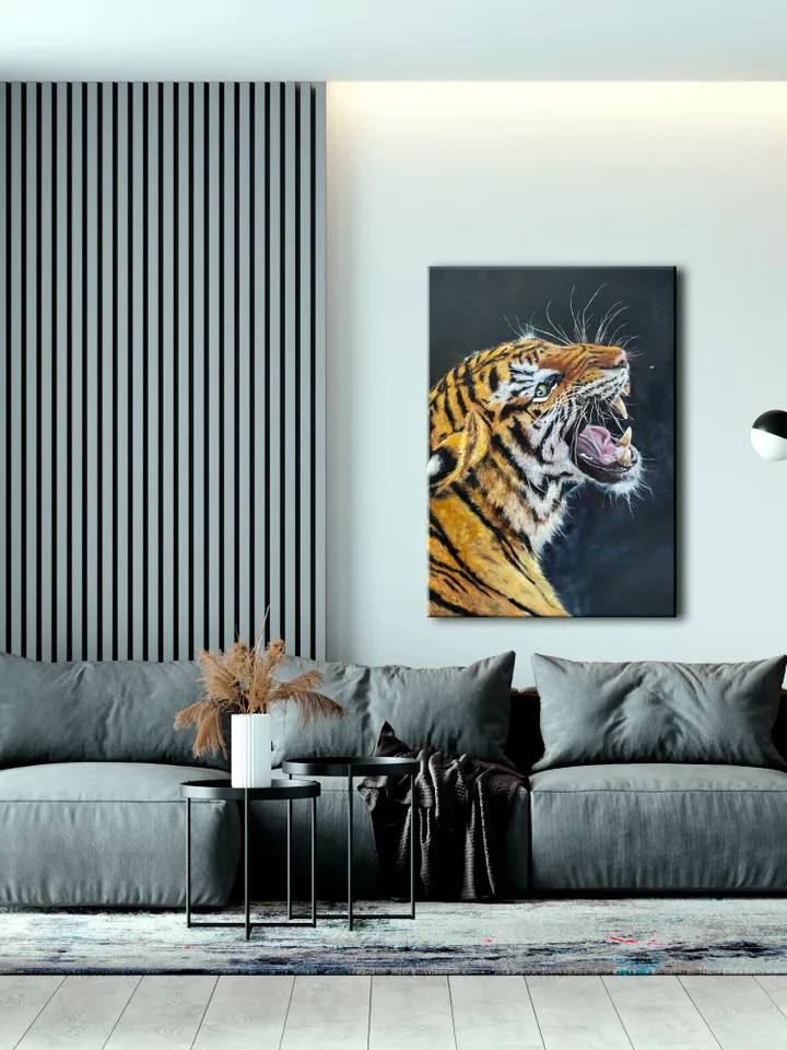 Oil painting Tiger on black background Minimalistic wild animal Wallart on canvas